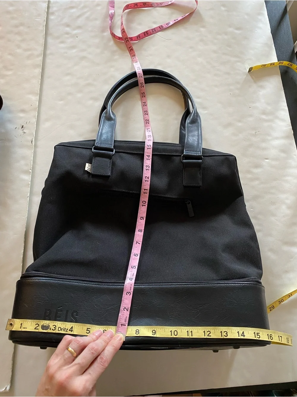 Beis Weekender Bag Black Canvas Leather Shoulder Strap Handle